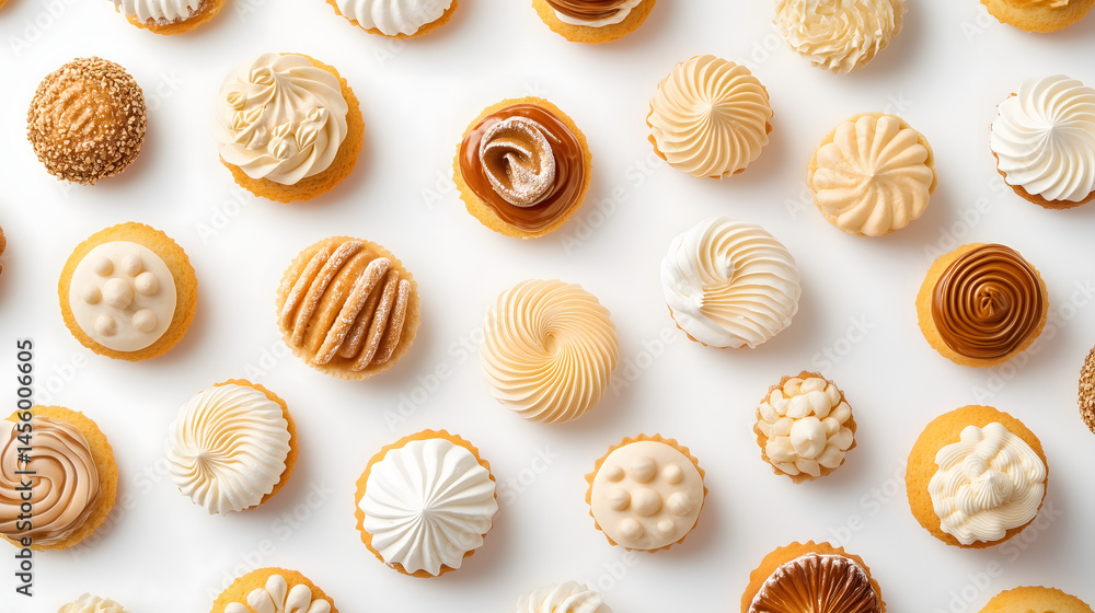 Patterned Assorted Pastries on Bright White Background Patterned Assorted Pastries on Bright White Background