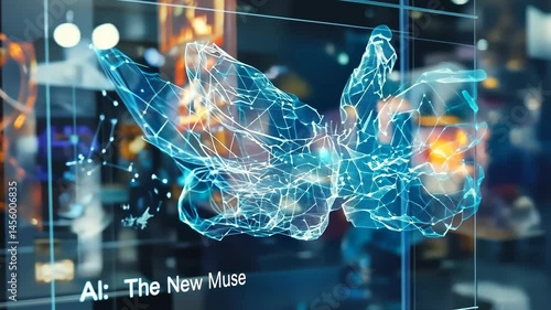 Transparent screen displays intricate AI visualization showcasing creative potential and artistic innovation in urban environment