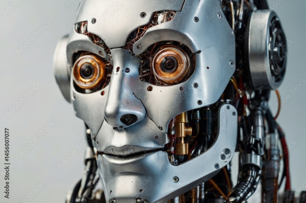 Fototapeta premium Close-up of robot face. Artificial intelligence. Inception of idea