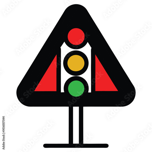 Vector traffic sign in a triangle shape featuring vertical red, yellow, and green lights, red side triangles, and a black stand —perfect for road safety visuals, transport, driving or warning graphics