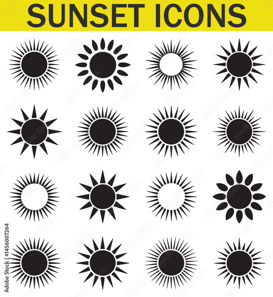A collection of various black and white sun designs with unique silhouettes, representing different sun illustrations in a minimalist style. A collection of various black and white sun designs with unique silhouettes, representing different sun illustrations in a minimalist style.