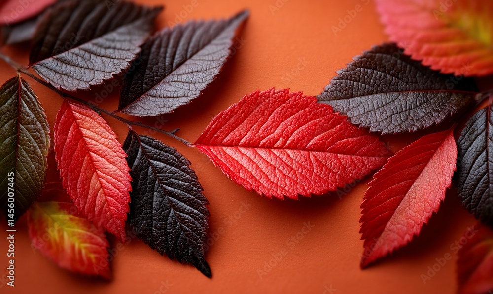 Fototapeta premium Vibrant autumn leaves on orange background (1)