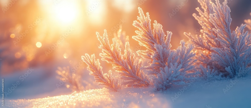 Fototapeta premium Frosted spruce branches sparkle in sunlight amid freshly fallen snow, suggesting peace, silence, and the stark beauty of winter.