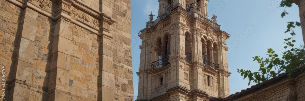 Ancient bell tower, Catholic church facade, ornate stonework, landmark, travel Ancient bell tower, Catholic church facade, ornate stonework, landmark, travel