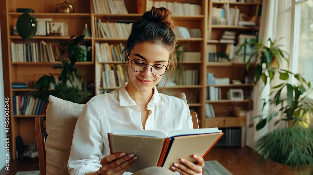 Psychologist in cozy office reading book surrounded by plants and sunlight Psychologist in cozy office reading book surrounded by plants and sunlight