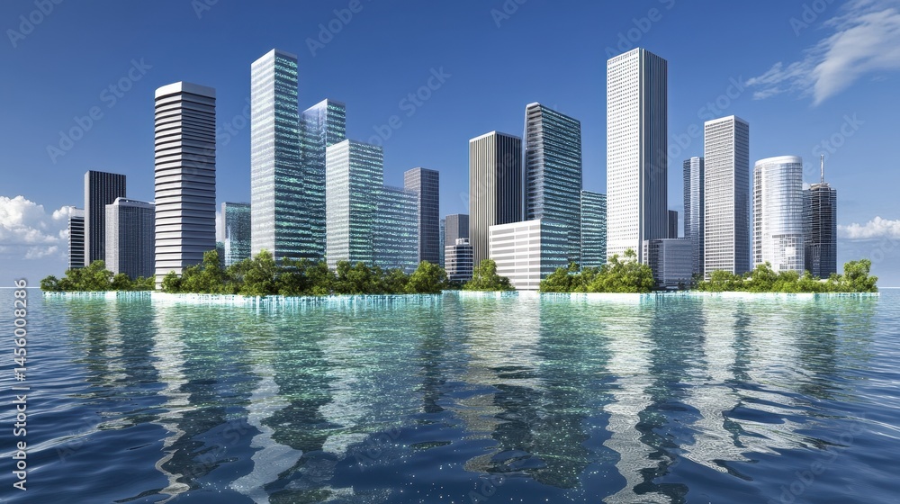 Obraz premium Futuristic cityscape reflecting on serene water surface showcasing modern architecture and sustainable coastal development visionary scene