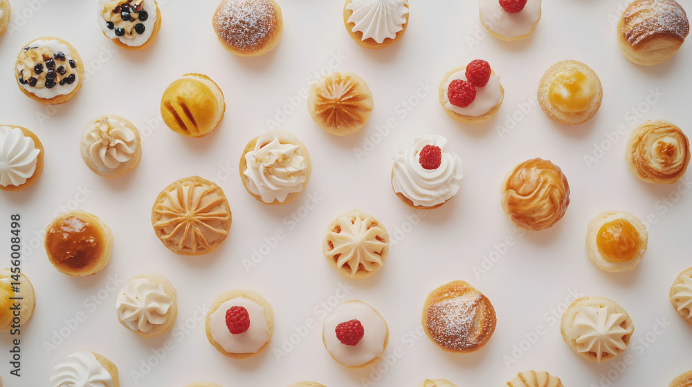 Patterned Assorted Pastries on Bright White Background Patterned Assorted Pastries on Bright White Background