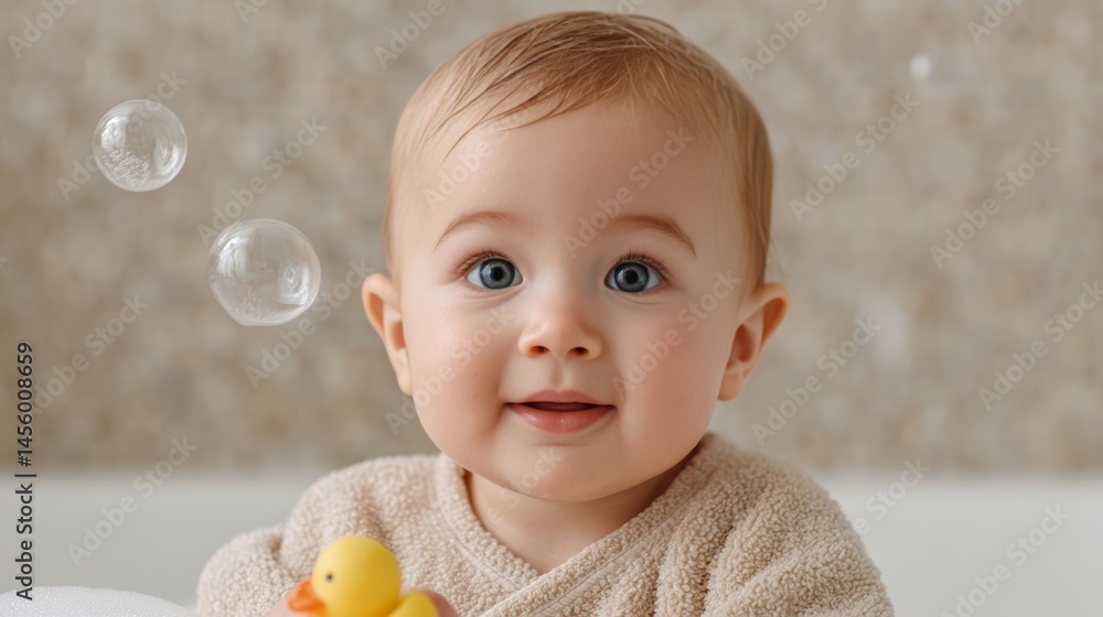 A baby in a bathtub with a rubber duck and bubbles A baby in a bathtub with a rubber duck and bubbles