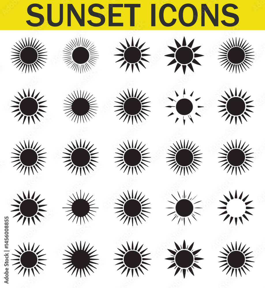 Fototapeta premium A collection of various black and white sun designs with unique silhouettes, representing different sun illustrations in a minimalist style.