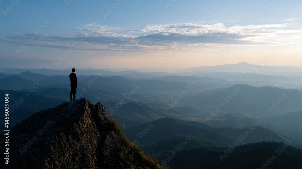 Businessman on mountain peak neglect vast landscape painting