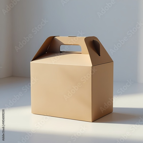 Wallpaper Mural A clean and minimalist kraft paper takeaway box with a built-in handle, placed in natural lighting on a white surface. Perfect for packaging design mockups, branding presentations, or eco-friendly pro Torontodigital.ca