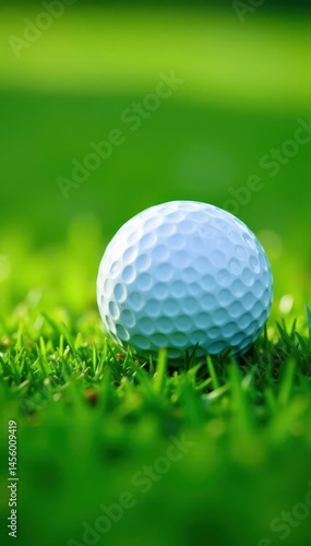 Close-up of golf ball resting on lush green grass, golf ball, golf, stock photo