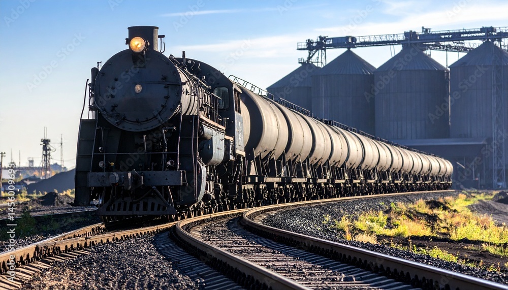 Naklejka premium Powerful Vintage Steam Locomotive Pulling Tanker Cars on Railway Tracks near Silos