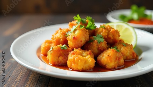 Crispy Gobi Manchurian appetizer served on a white plate , studio shot, menu, recipe