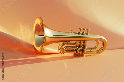 Golden Brass Trumpet on Soft Orange Background with Bright Lighting