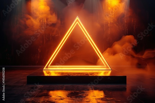 Neon Triangle Installation with Dramatic Lighting and Smoke Effects