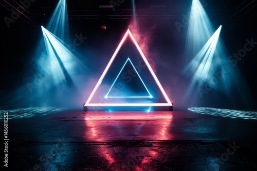 Neon Triangle Stage with Colorful Lights and Smoke Effects