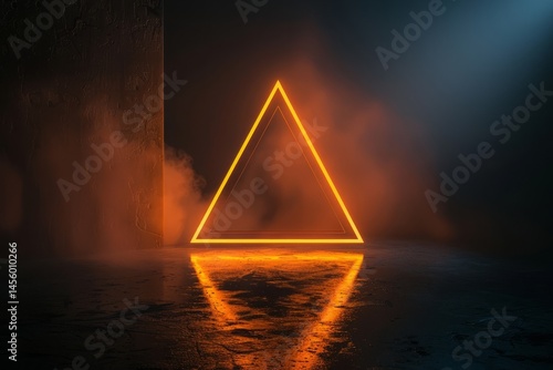 Glowing Triangle Shape in Dark Environment With Fog and Reflection