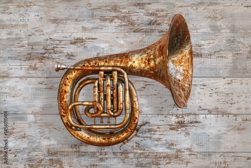 Vintage Brass Horn on Weathered Wooden Background Art Display