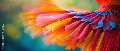 Feather headdress showcases intricate details, vibrant colors representing symbolic tradition.