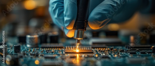 Gloved hand carefully solders microchip on a circuit board using precision testing probe, representing intricate electronic repair.