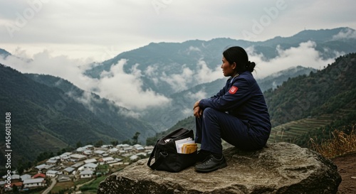 Wallpaper Mural Asian woman postwoman seated on rock observing scenic mountain view in misty cloudy day, contemplates future route for delivering mail. Escape from city concept. Torontodigital.ca