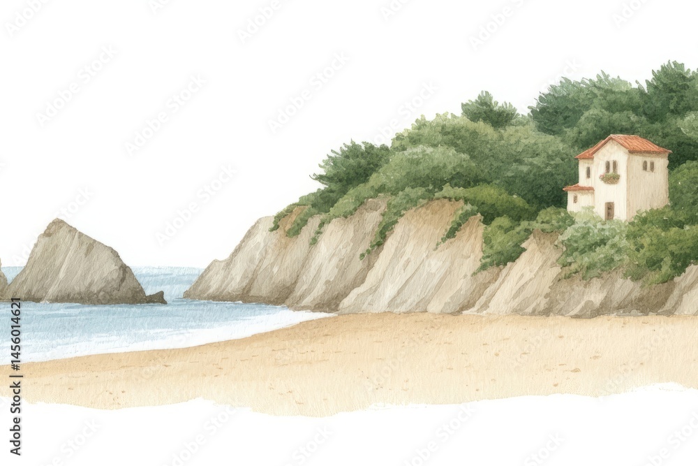 Naklejka premium Seaside villa perched on verdant cliffs whispers Tuscan tales, invoking Mediterranean Daydreaming and World Oceans Day serenity