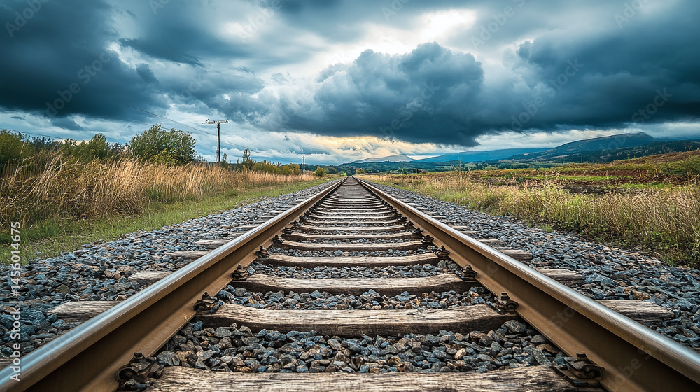 Fototapeta premium Railroad reaching into cloudy sky. Conclusion of the line.