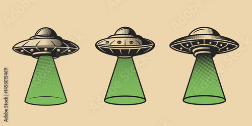 Vintage UFO icon set. Three classic flying saucers with green beam light in retro style. Perfect for emblems, labels, badges design. Vector illustration.