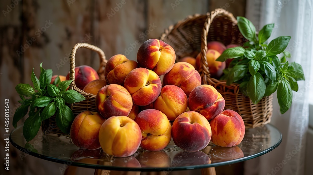 Ripe Peaches and Basil in Rustic Wicker Baskets Ripe Peaches and Basil in Rustic Wicker Baskets