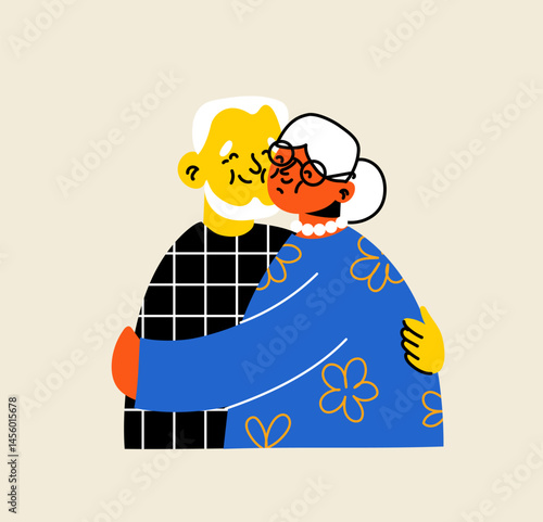 Set of cute elderly couples. Happy seniors together. Old men and women, spouses. Vector doodle cartoon illustration in flat style