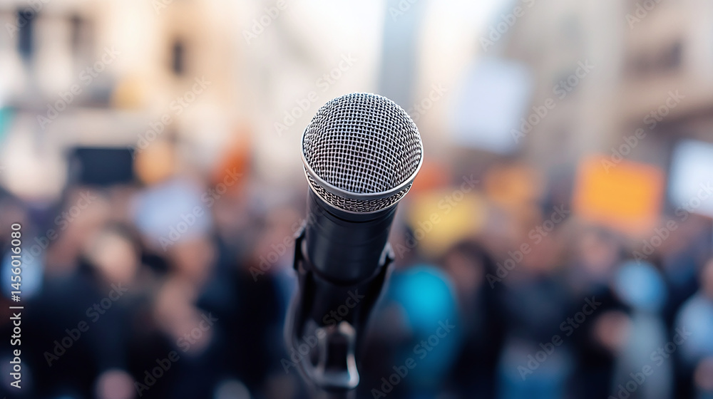 Political demonstration. Protest with a microphone in focus against a blurred crowd. Political demonstration. Protest with a microphone in focus against a blurred crowd.