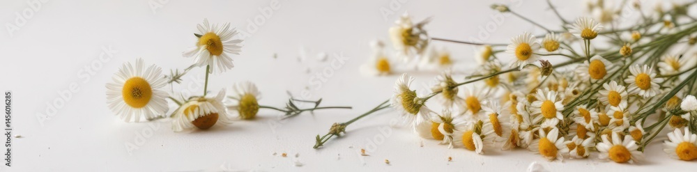 Obraz premium Delicate dried chamomile sprig, loose blossoms, white backdrop , vintage, macro