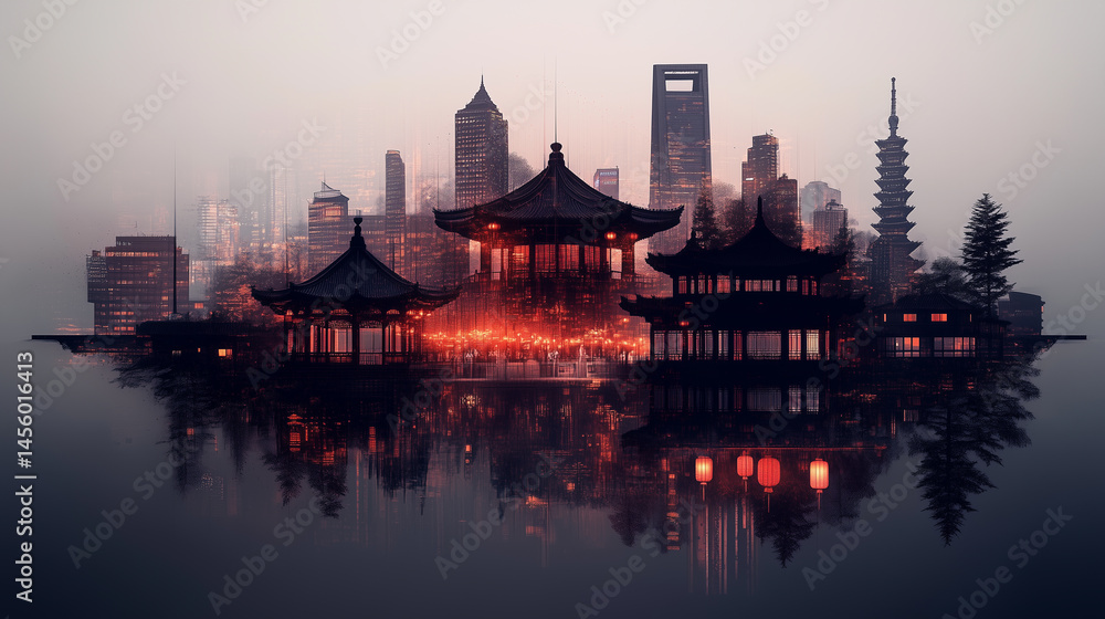 Obraz premium Modern city skyline blends with traditional architecture at dusk in a tranquil setting