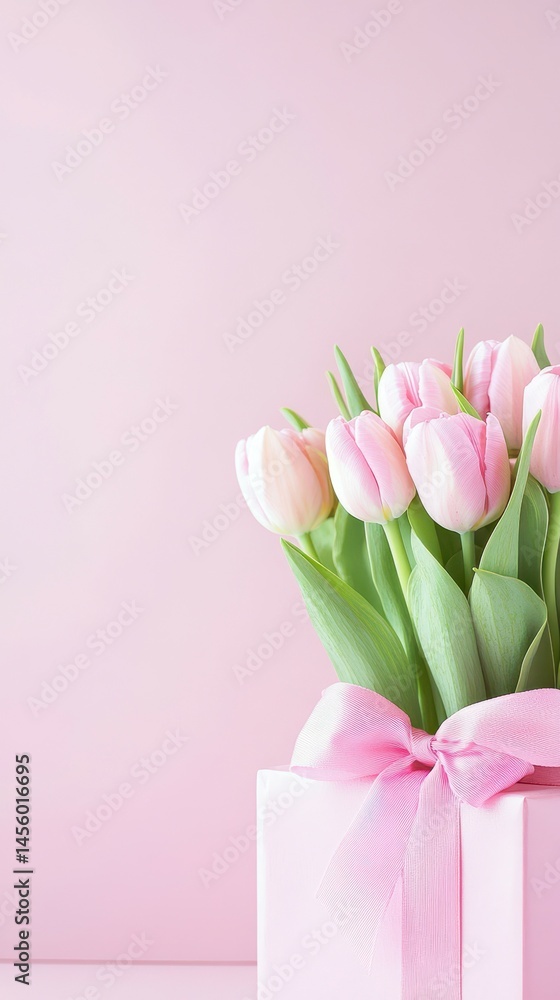 Obraz premium Soft Petal: A gentle bunch of delicate pink tulips, nestled in a matching gift box with a silky ribbon, sits elegantly against a pastel backdrop, evoking feelings of springtime romance and elegance.