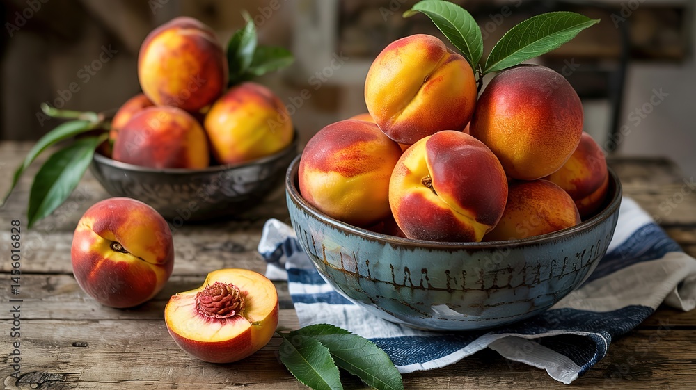 Ripe peaches in rustic bowls with leaves and a halved peach on w Ripe peaches in rustic bowls with leaves and a halved peach on w