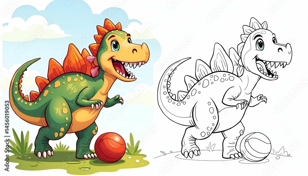 Fototapeta premium Coloring page of a dinosaur playing with a ball for kids 