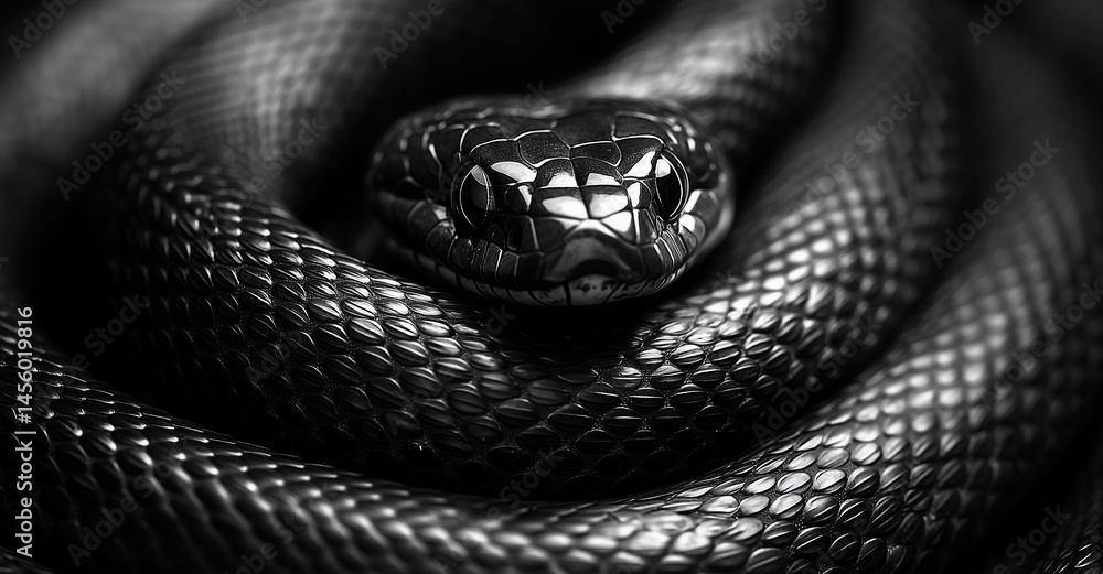Obraz premium Dark black snake curled up on a textured surface in a close-up view showcasing its scales and mesmerizing features
