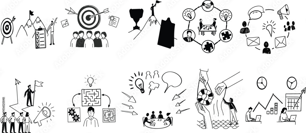 Fototapeta premium A minimal vector icon set illustrating teamwork concepts. 