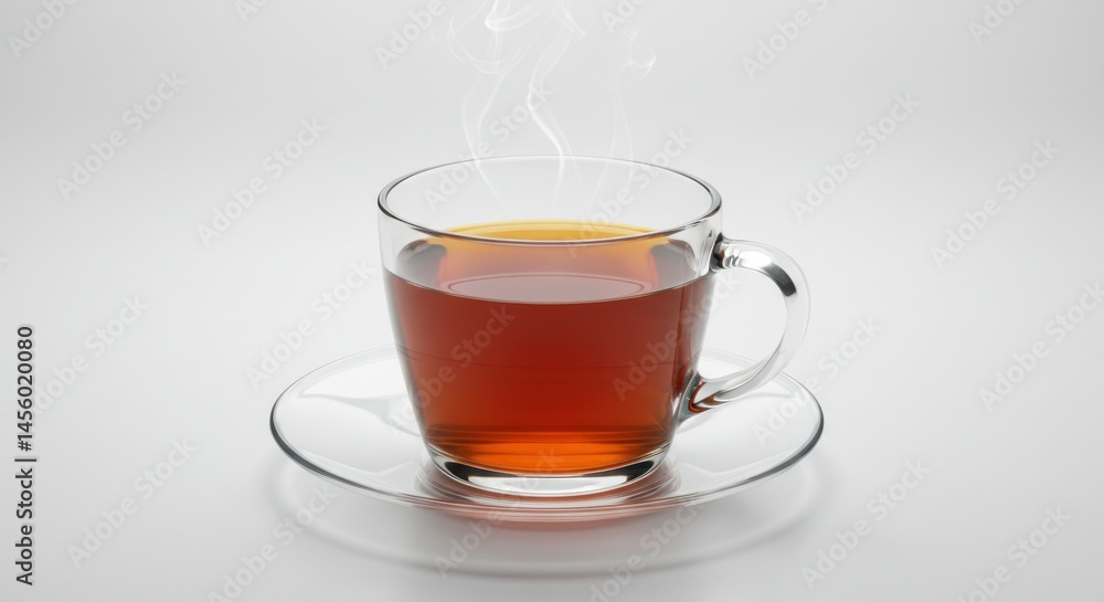 A clear glass cup of dark tea sits on a clear glass saucer with steam rising on a white background A clear glass cup of dark tea sits on a clear glass saucer with steam rising on a white background