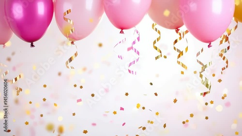 Celebration decorations with pink balloons, gold streamers, and scattered confetti isolated on white background, perfect for party or festive design
