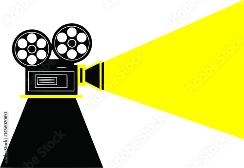 Retro Film Projector Vector Illustration – Vintage Cinema Equipment in Minimalist Line Art Style, Classic Movie Reels and Spotlight Beam, Transparent Background Design for Film, Media and Entertainmen