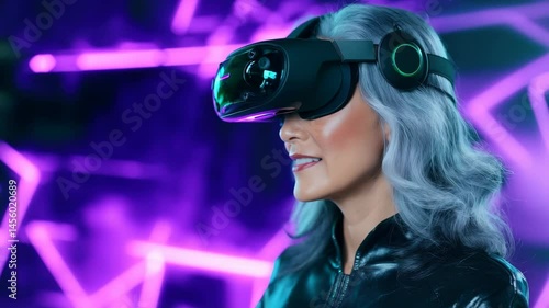 Modern senior white woman with silver hair wearing VR headset in futuristic purple-lit room, illustrating technology use and innovation among older adults