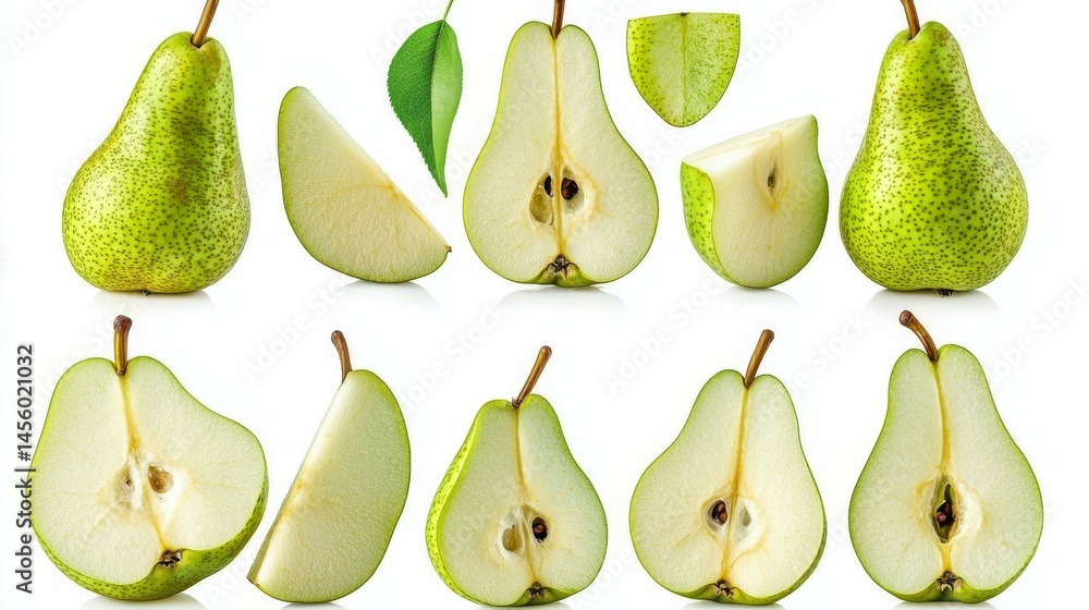 Fresh Pears Isolated Ripe Yellow Green Pear Halves on White Fresh Pears Isolated Ripe Yellow Green Pear Halves on White