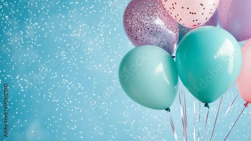 Cluster of pink and mint green balloons with glitter floating in a pastel blue background, ideal for birthdays, celebrations, and party design