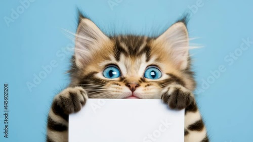 Adorable fluffy tabby kitten with wide blue eyes peeking over blank sign on blue background, concept for pets, messages, or announcements