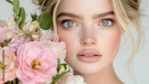 Beautiful young white woman with blue eyes and blonde hair holding pink flowers in soft light, isolated on white background