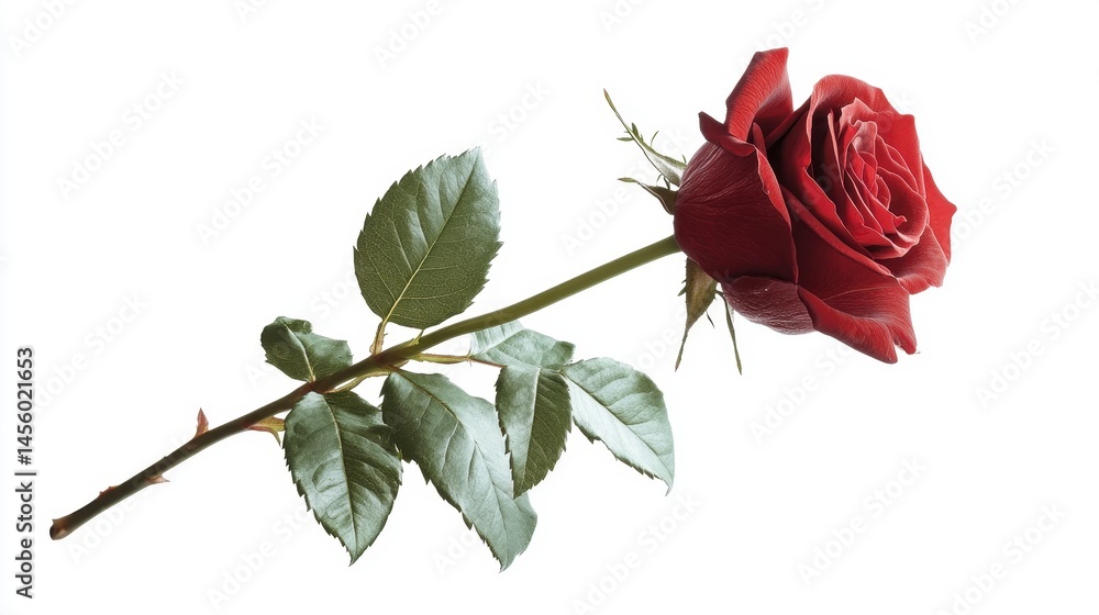 Fototapeta premium Single Red Rose Stem Leaves Isolated White Background