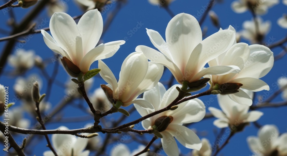 Obraz premium Elegant White Magnolia Blossoms Against a Clear Spring Sky