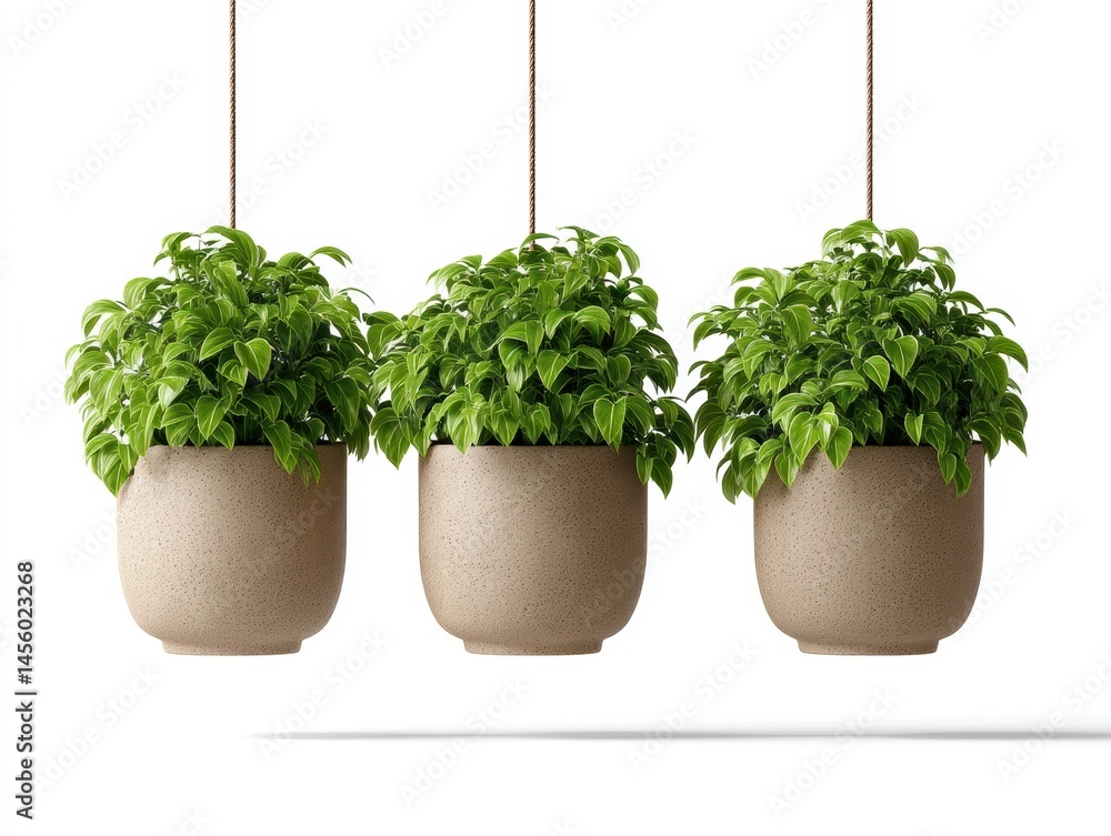 Decorative hanging plants with intricate foliage in neutral pots, perfect for eco-friendly branding and home decor accents.